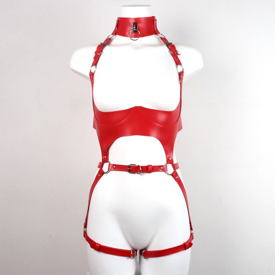 Kırmızı Deri Tam Vücut Harness Takımı