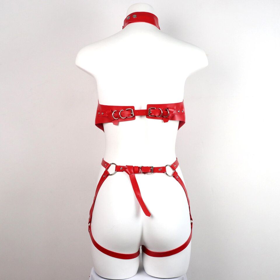 Kırmızı Deri Tam Vücut Harness Takımı