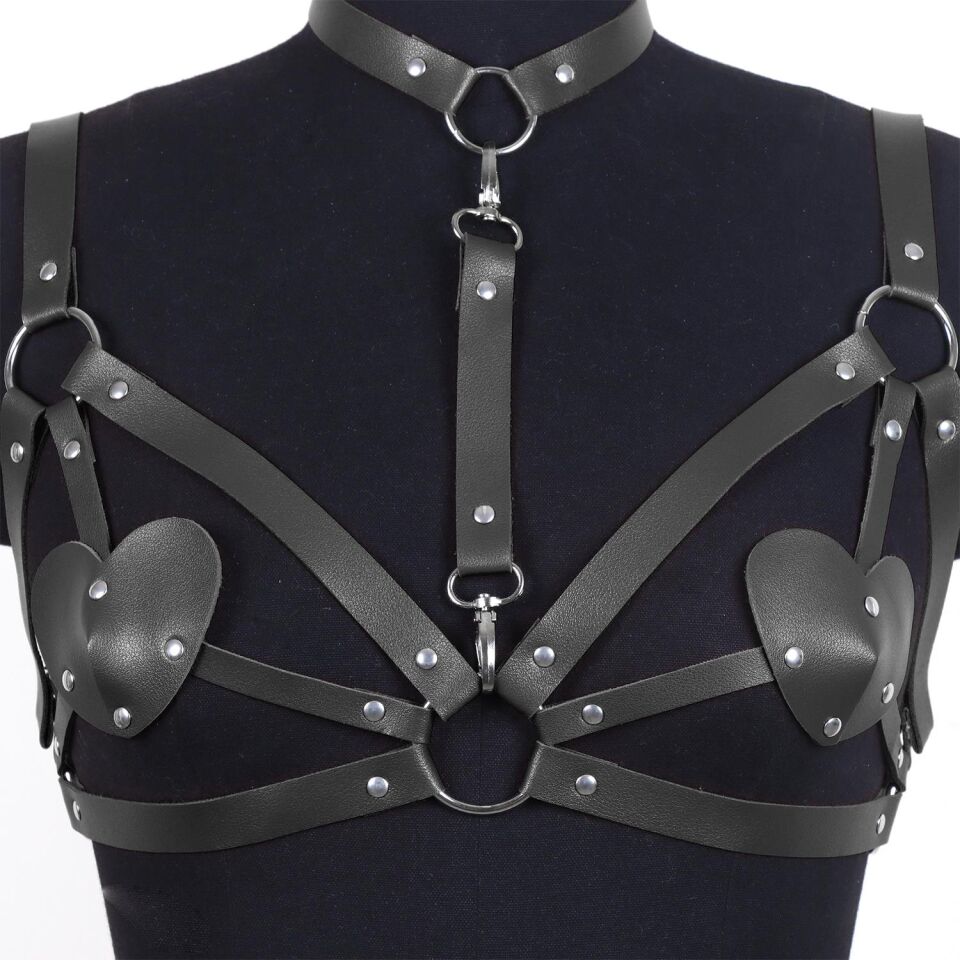 Kalp Detaylı Deri Vücut Harness Takımı Siyah