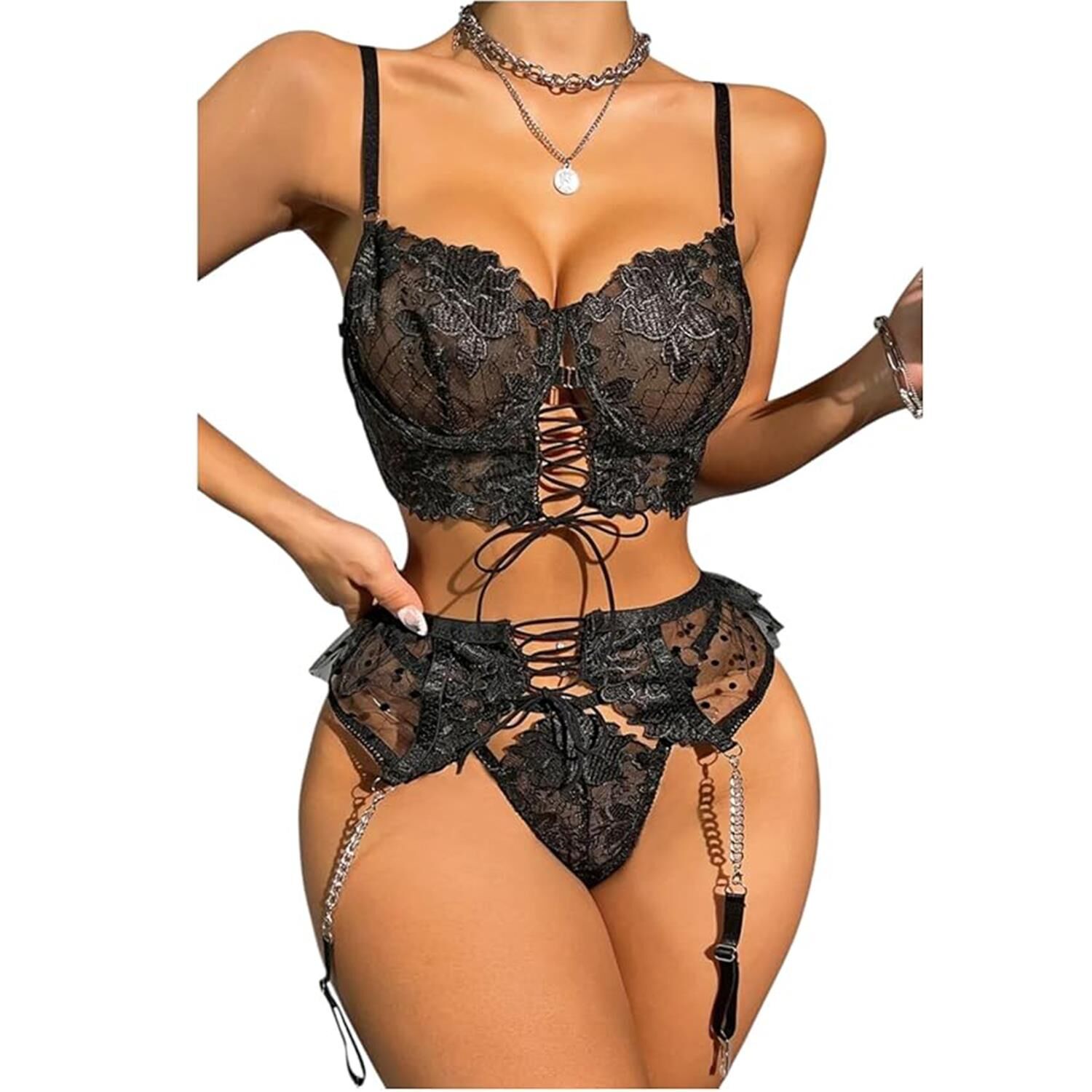 Büstiyerli Dantel Fantazi Jartiyer Takım Siyah