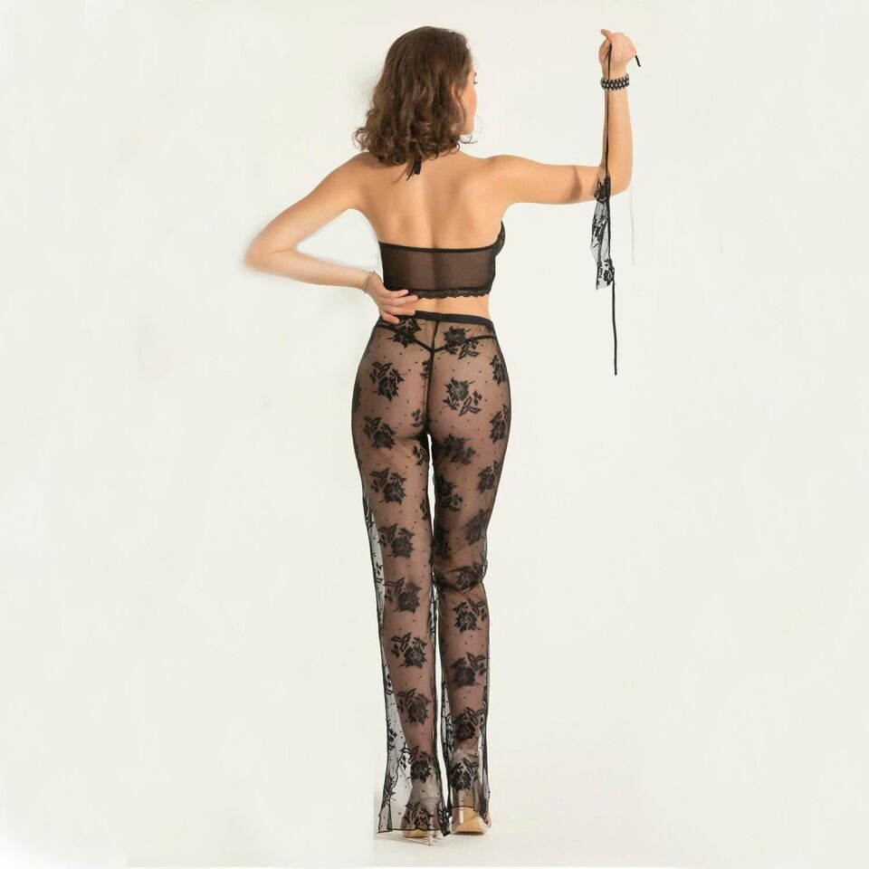 Fantezi Transparan Bralet, Pantolon Takım Siyah