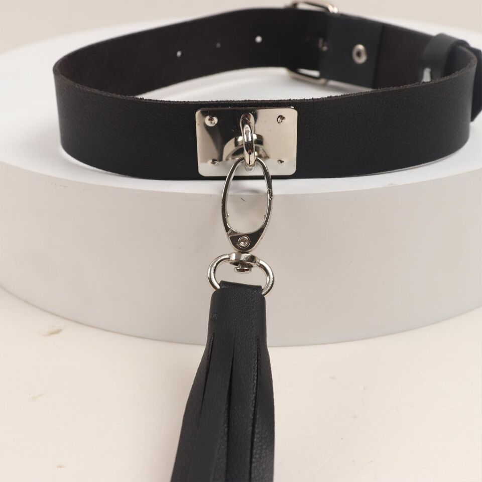 Deri Fırfırlı Choker Harness Kolye Siyah